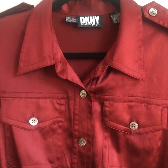 VINTAGE DKNY Silk ‘90s Bodysuit LS Red Button Down - Picture 4 of 7